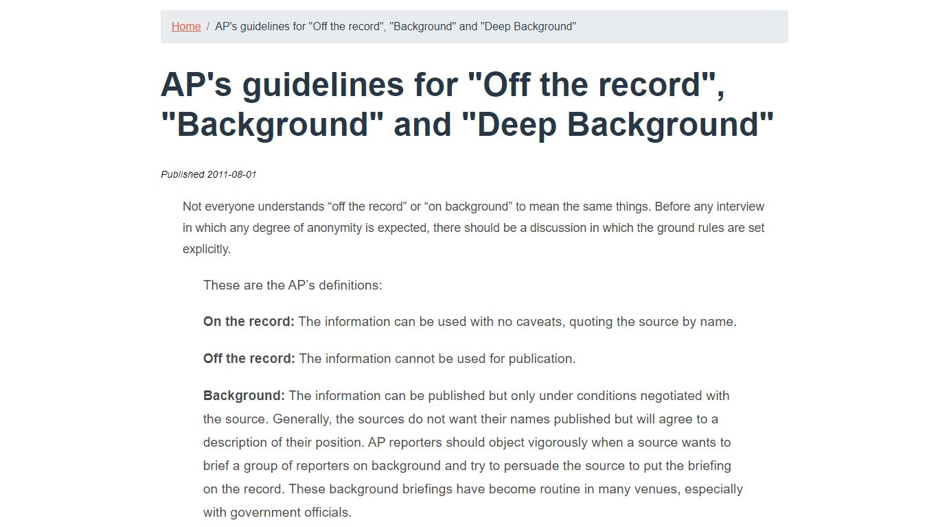 AP's guidelines for "Off the record", "Background" and "Deep Background"